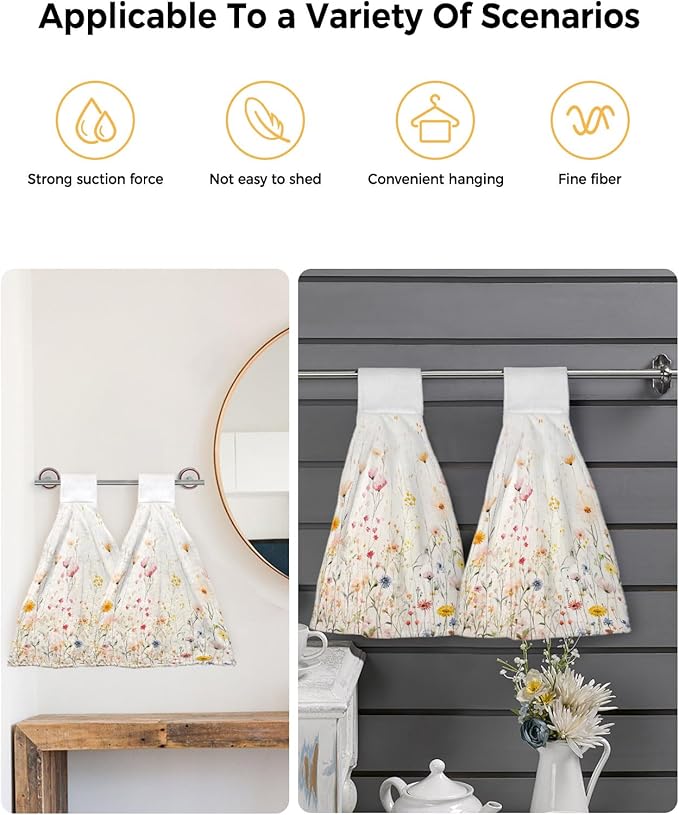 Alandar Home Kitchen Tie Towel Set of 2, Country Colorful Flower Leaves on Vintage Absorbent Soft Hand Towels for Bathroom Hanging Towels, Summer Floral Fast Drying Cleaning Cloth with Loop