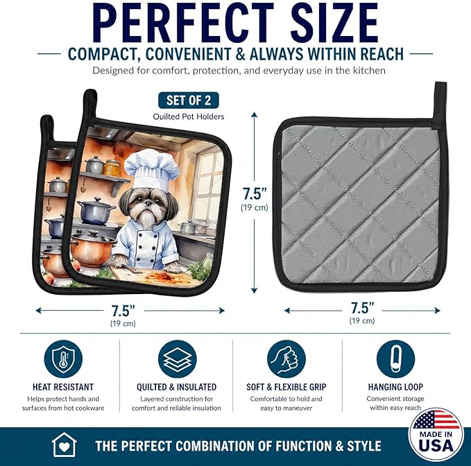 Caroline's Treasures Shih Tzu The Chef Pair of Pot Holders Kitchen Heat Resistant Pot Holders Sets Oven Hot Pads for Cooking Baking BBQ, 7 1/2 x 7 1/2