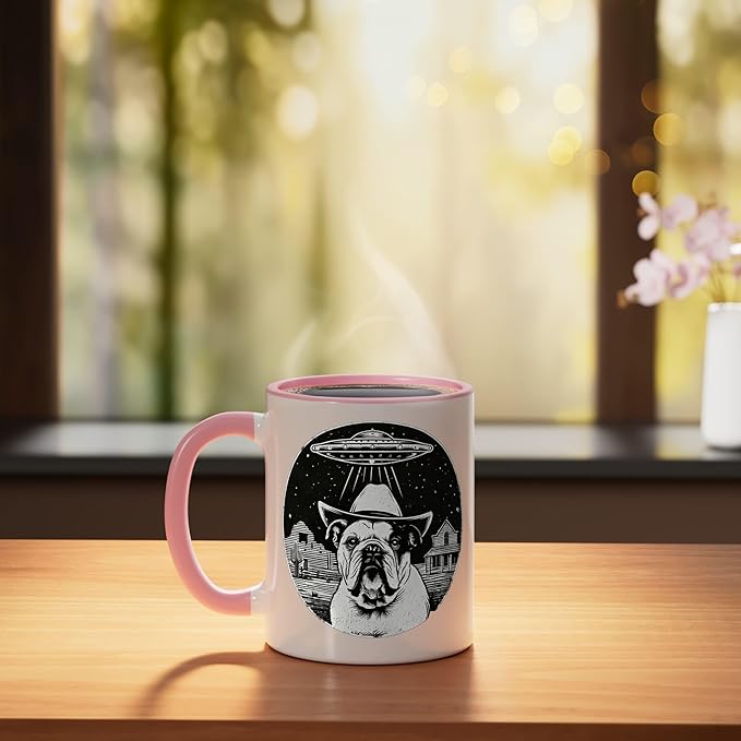 Retro UFO Cowboy Bulldog Western Sci Fi Alien Ceramic Mug, Pink/White