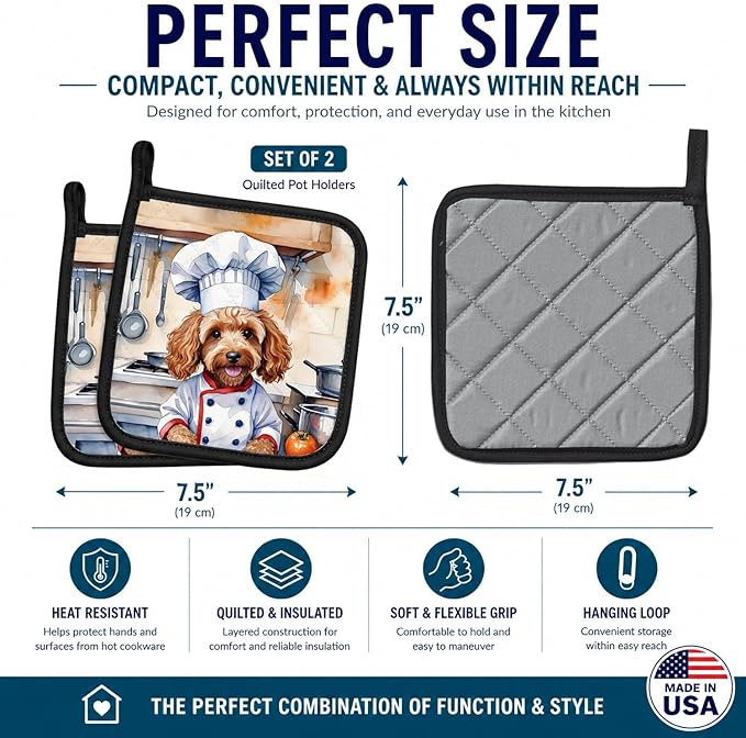 Caroline's Treasures Cockapoo The Chef Pair of Pot Holders Kitchen Heat Resistant Pot Holders Sets Oven Hot Pads for Cooking Baking BBQ, 7 1/2 x 7 1/2