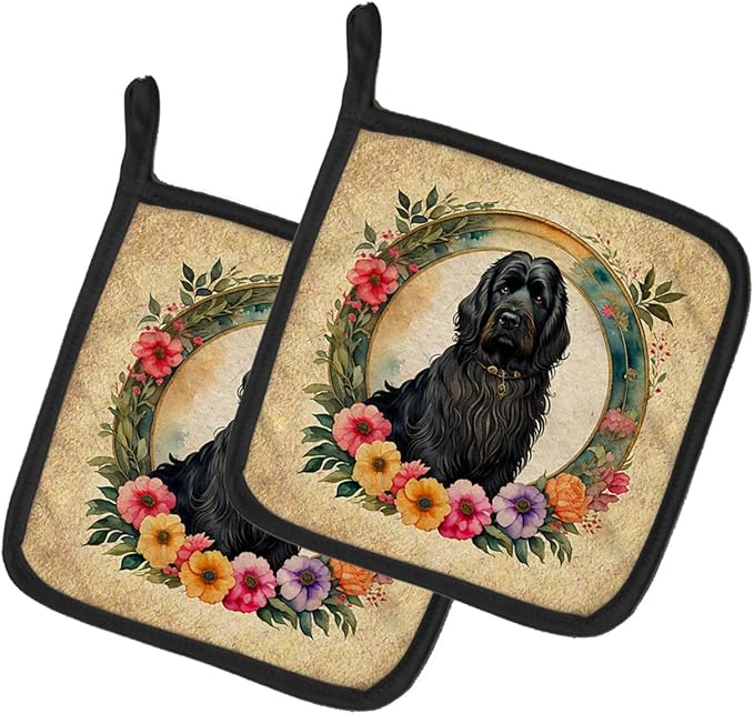 Caroline's Treasures Briard and Flowers Pair of Pot Holders Kitchen Heat Resistant Pot Holders Sets Oven Hot Pads for Cooking Baking BBQ, 7 1/2 x 7 1/2