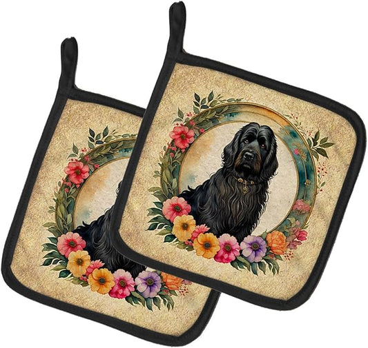 Caroline's Treasures Briard and Flowers Pair of Pot Holders Kitchen Heat Resistant Pot Holders Sets Oven Hot Pads for Cooking Baking BBQ, 7 1/2 x 7 1/2