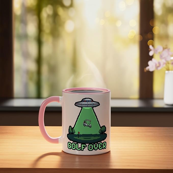 Retro Funny GOLF OVER Pixel Art UFO Abducting Golf-Cart Ceramic Mug, Pink/White