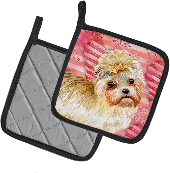 Caroline's Treasures BB9755PTHD Morkie Love Pair of Pot Holders, Red Kitchen Heat Resistant Pot Holders Sets Oven Hot Pads for Cooking Baking BBQ, 7 1/2 x 7 1/2