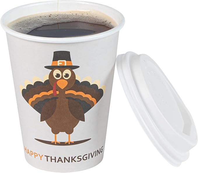 Restaurantware-Restpresso 12 Ounce Thanksgiving Party Cups, 20 Disposable Hot Cups With Plastic Lids - Turkey Design, Rolled Rim, Paper Coffee Cups, Single Wall, Serve Hot And Cold Drinks