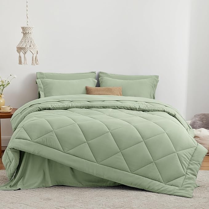 Love's cabin King Size Comforter Set Sage, 7 Pieces King Bed in a Bag, All Season Bedding Sets with 1 Comforter, 1 Flat Sheet, 1 Fitted Sheet, 2 Pillowcase and 2 Pillow Sham | Soft, Breathable, Lightweight, Comfortable