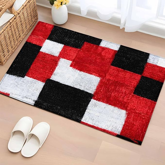 Area Rug 2x3ft, Red Black White Gradient Washable Rugs for Living Room Bedroom, Abstract Color Block Soft Non-Slip Area Rugs Rectangle Floor Carpet for Dining Room