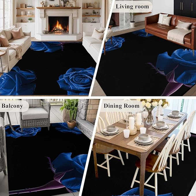 Area Rug 6x9ft, Abstract Garden Blue Rose Washable Rugs for Living Room Bedroom, Classic Country Floral Soft Non-Slip Area Rugs Rectangle Floor Carpet for Dining Room
