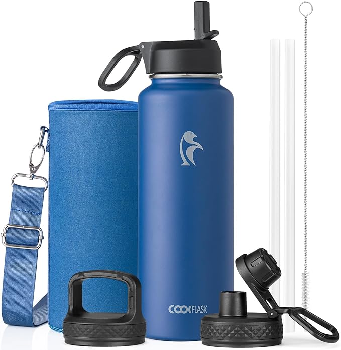Coolflask Water Bottle 40 oz Insulated with Straw, Stainless Steel Metal 3 Lids Water Flask for Sports or Office, Keep Cold 48H Hot 24H, King's Blue