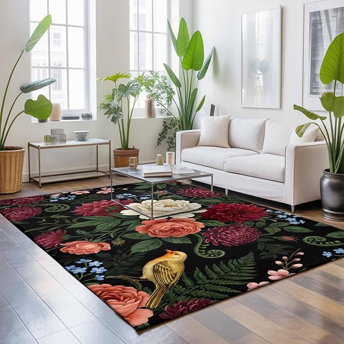 Area Rug 9x12ft, Pastoral Colorful Flower Leaf Washable Rugs for Living Room Bedroom Rectangle Floor Carpet, Country Blossom Floral Bird Soft Non-Slip Area Rugs for Dining Room