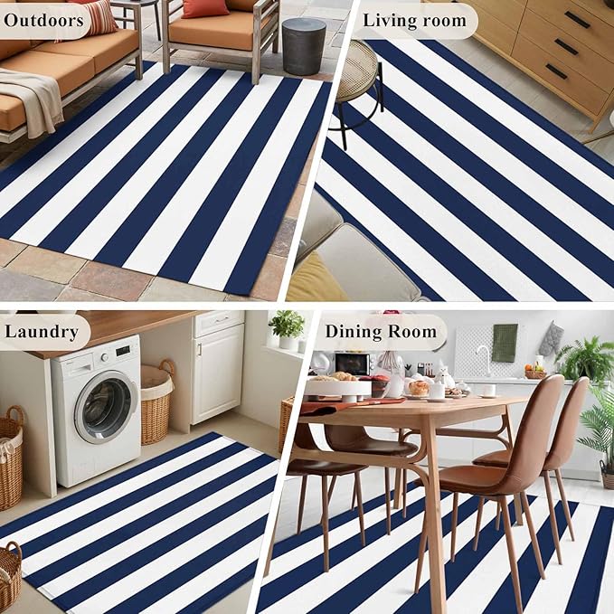 Area Rug 4x6ft, Nautical Black and White Stripes Washable Rugs for Living Room Bedroom, Striped Soft Non-Slip Area Rugs Rectangle Floor Carpet for Dining Room