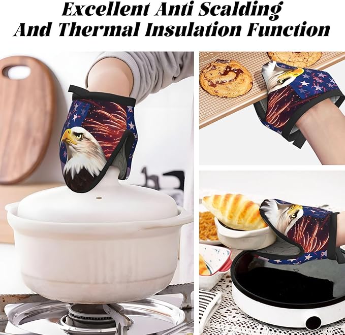 2 Pcs Mini Silicone Oven Mitts USA Eagle Flag Heat Resistant Grill Gloves with Hanging Loop, Banner Firework Short Kitchen Mittens for Cooking Baking BBQ