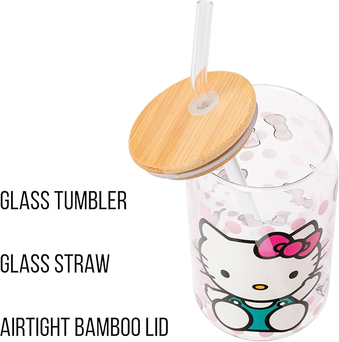 Silver Buffalo Sanrio Hello Kitty Strawberry Milk Bow Pink Polka Dot Glass Jar Tumbler with Bamboo Lid and Glass Straw, 16 Ounces (Pack of 12)