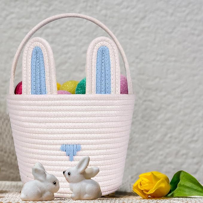 Poschnor Large Easter Basket with Gift Bags and Ribbons, Easter Bunny Basket for Kids, Woven Cotton Rope Basket for gifting, Blue/White