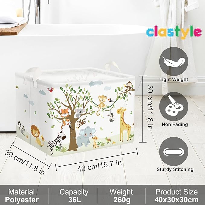 Clastyle 36L Woodland Vine Animal Tree Nursery Decor Baby Basket Collapsible Rectangle Giraffe Monkey Tiger Clothes Toy Book Shelf Basket
