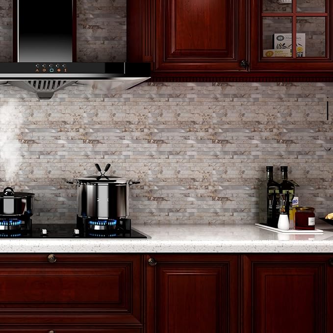 10 - Sheet Peel and Stick Backsplash Wall Tile, PVC Kitchen Backsplash, Stick on Tiles for Backsplash Kitchen (12'' X 12'', Perisa with Metal)