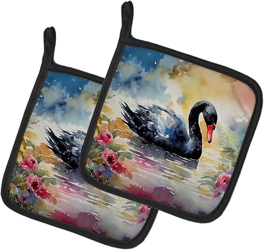 Caroline's Treasures Black Swan Pair of Pot Holders Kitchen Heat Resistant Pot Holders Sets Oven Hot Pads for Cooking Baking BBQ, 7 1/2 x 7 1/2