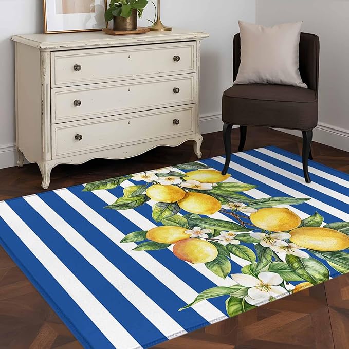 Area Rug 4x6ft, Summer Lemon Green Leaves Watercolor Washable Rugs for Living Room Bedroom, Blue Stripe Soft Non-Slip Area Rugs Rectangle Floor Carpet for Dining Room