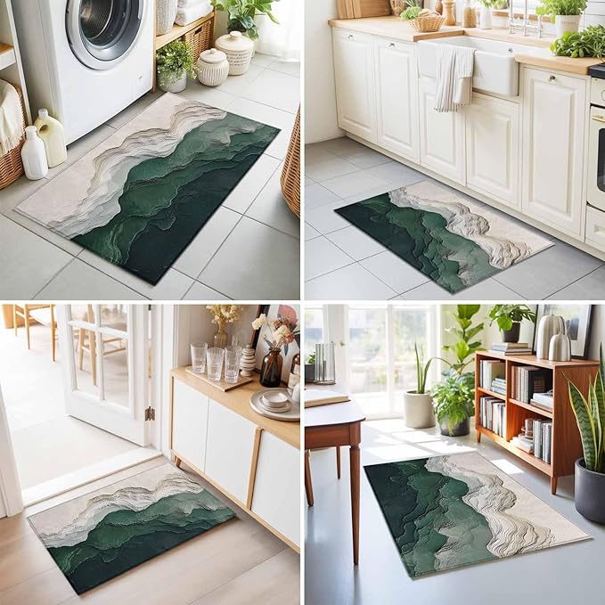 Area Rug 2x3ft, Rustic Green Gray White Mountain Range Washable Rugs for Living Room Bedroom, Abstract Art Soft Non-Slip Area Rugs Rectangle Floor Carpet for Dining Room