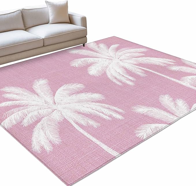 Area Rug 4x6ft, Boho Pink Palm Trees Vintage Washable Rugs for Living Room Bedroom, Summer Tropical Leaves Soft Non-Slip Area Rugs Rectangle Floor Carpet for Dining Room