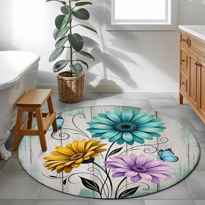 Washable Round Area Rug Farm Flower Daisy Retro Wood Barn Circle Rugs Floor Carpet for Living Room Bedroom, Blossom Flower Butterfly Soft Non Slip Round Rug 3ft