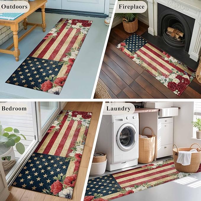 Runner Rug for Bedroom Hallway, Independence Day 250th Anniversary Kitchen Runner Rugs Area Rug 2x6ft, Vintage USA Flag Floral Washable Soft Floor Carpet for Entryway Stair