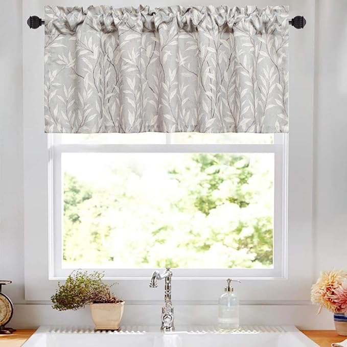 VOGOL Grey Valances for Windows, Lovely Leaf Print Window Treatment Rod Pocket Bathroom Valances for Small Windows, 52 x 12, One Panel