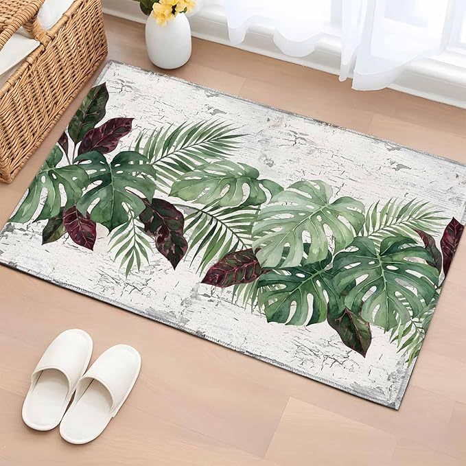 Area Rug 2x3ft, Summer Green Monstera Palm Leaves Washable Rugs for Living Room Bedroom, Vintage Botantical Soft Non-Slip Area Rugs Rectangle Floor Carpet for Dining Room