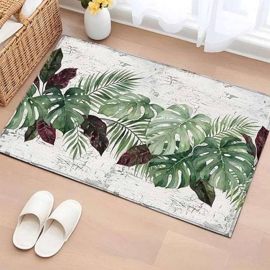 Area Rug 2x3ft, Summer Green Monstera Palm Leaves Washable Rugs for Living Room Bedroom, Vintage Botantical Soft Non-Slip Area Rugs Rectangle Floor Carpet for Dining Room