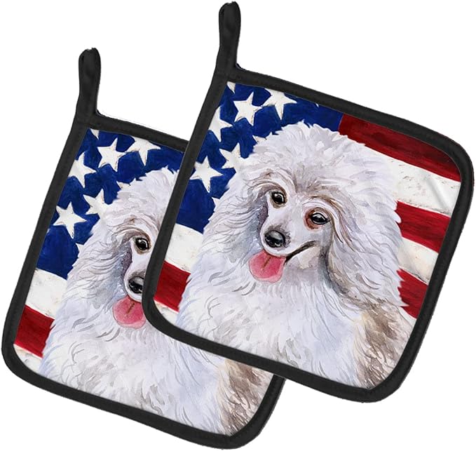 Caroline's Treasures BB9683PTHD Medium White Poodle Patriotic Pair of Pot Holders Kitchen Heat Resistant Pot Holders Sets Oven Hot Pads for Cooking Baking BBQ, 7 1/2 x 7 1/2