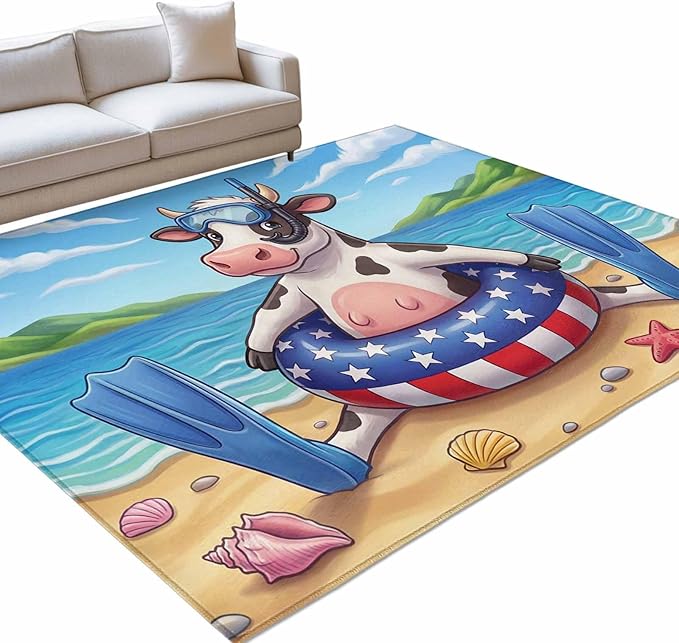 Area Rug 8x10ft, Summer Beach Snorkeling Cow Washable Rugs for Living Room Bedroom, Ocean Starfish Funny Animal Art Soft Non-Slip Area Rugs Rectangle Floor Carpet for Dining Room