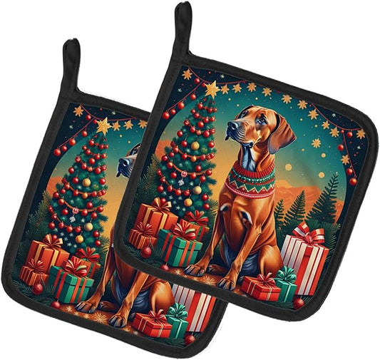 Caroline's Treasures Rhodesian Ridgeback Christmas Pair of Pot Holders Kitchen Heat Resistant Pot Holders Sets Oven Hot Pads for Cooking Baking BBQ, 7 1/2 x 7 1/2