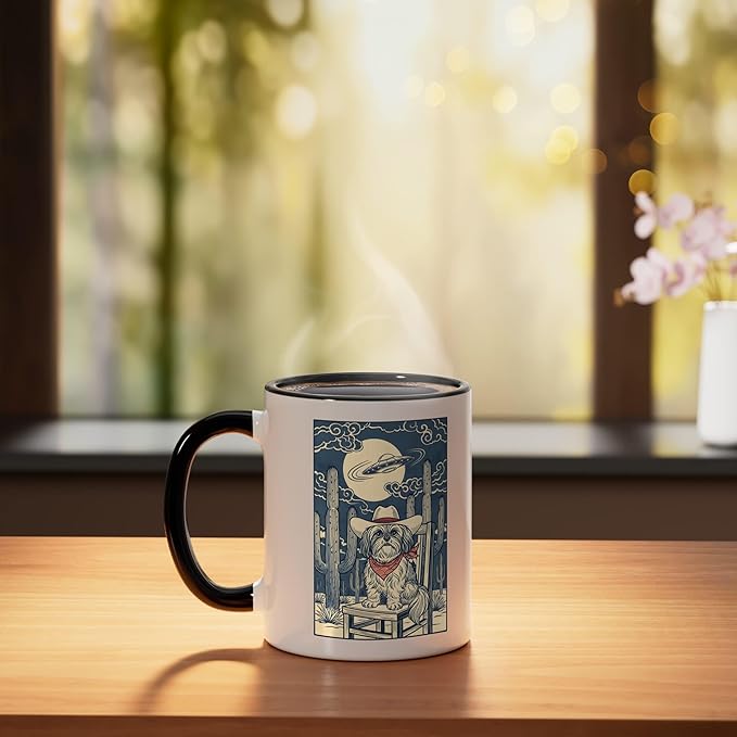 Cowboy Dog Desert UFO Western Alien Night Ceramic Mug, Black/White
