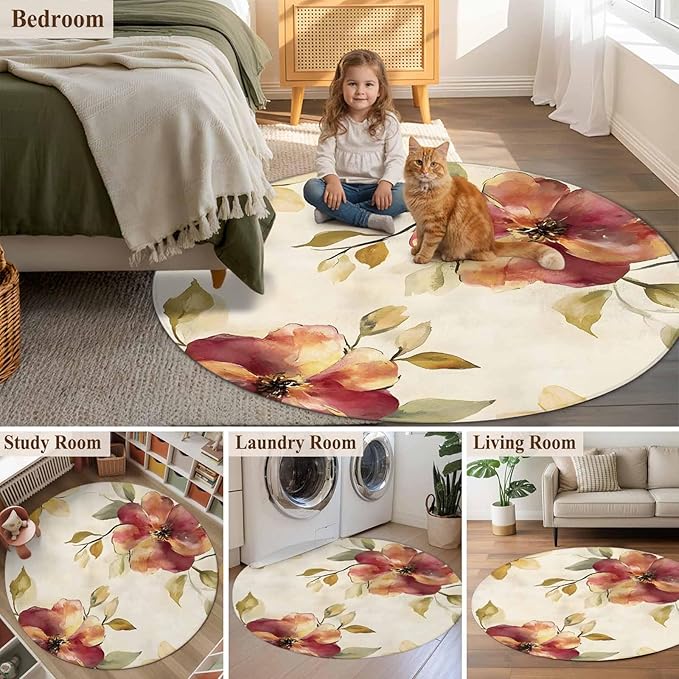 Washable Round Area Rug Oil Painting Style Flowers Circle Rugs Floor Carpet for Living Room Bedroom, Vintage Country Floral Soft Non Slip Round Rug 5ft