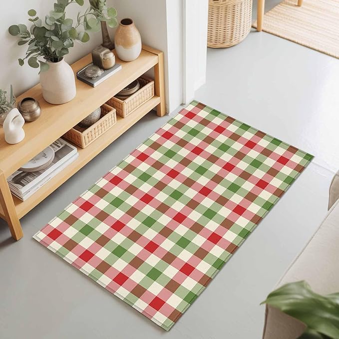 Area Rug 2x3ft, Vintage Pastoral Red Green Buffalo Gingham Washable Rugs for Living Room Bedroom, Christmas Plaid Soft Non-Slip Area Rugs Rectangle Floor Carpet for Dining Room