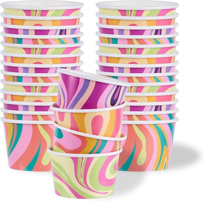 Restaurantware Paper Cups 200 Count 8 Ounce Square Disposable Ice Cream Containers, Leak-Resistant Paper Dessert To Go Cups, Hot And Cold Food, Durable Assorted Groove Swirl Design