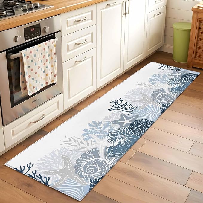 Runner Rug for Bedroom Hallway, Underwater Blue Shells Starfish Coral Kitchen Runner Rugs Area Rug 2x6ft, Summer Botantical Washable Soft Floor Carpet for Entryway Stair