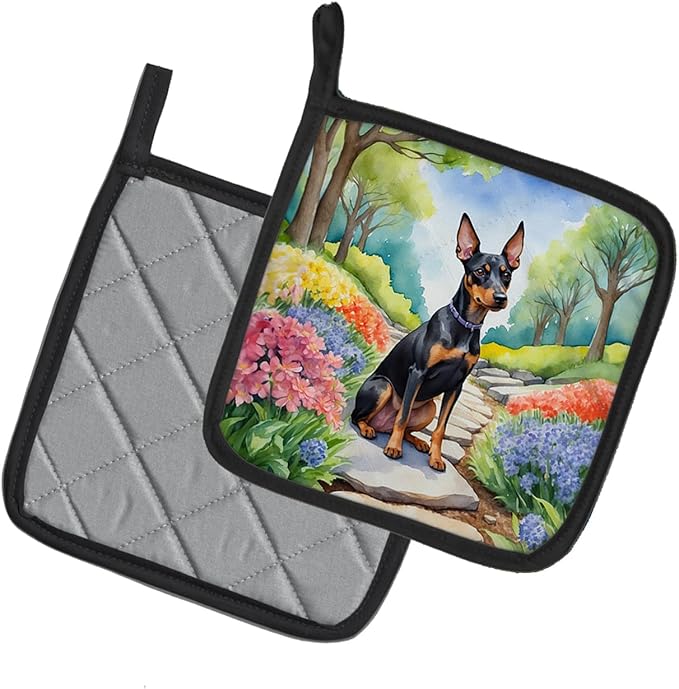 Caroline's Treasures Manchester Terrier Spring Path Pair of Pot Holders Kitchen Heat Resistant Pot Holders Sets Oven Hot Pads for Cooking Baking BBQ, 7 1/2 x 7 1/2