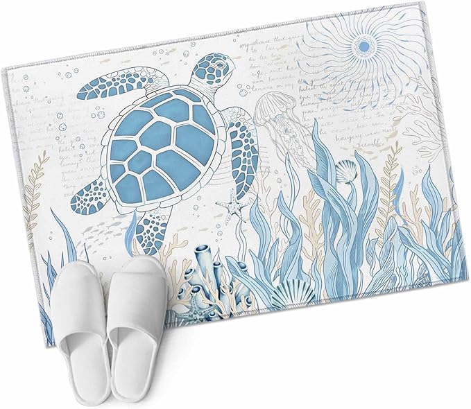 Area Rug 2x3ft, Blue Sea Turtles Stars Corals Washable Rugs for Living Room Bedroom, Vintage Marine Life Soft Non-Slip Area Rugs Rectangle Floor Carpet for Dining Room