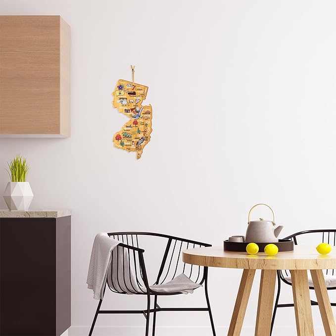 Totally Bamboo New Jersey State Shaped Cutting Board and Charcuterie Serving Platter with Artwork by Fish Kiss, Includes Hang Tie for Wall Display
