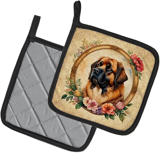 Caroline's Treasures Leonberger and Flowers Pair of Pot Holders Kitchen Heat Resistant Pot Holders Sets Oven Hot Pads for Cooking Baking BBQ, 7 1/2 x 7 1/2