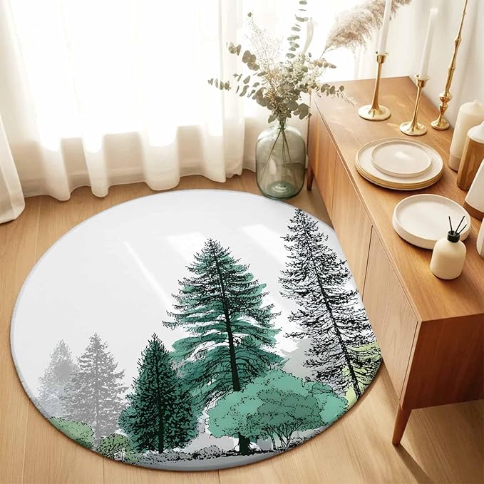 Washable Round Area Rug Minimalist Pine Tree Circle Rugs Floor Carpet for Living Room Bedroom, Farmhouse Watercolor Plants Soft Non Slip Round Rug 3ft