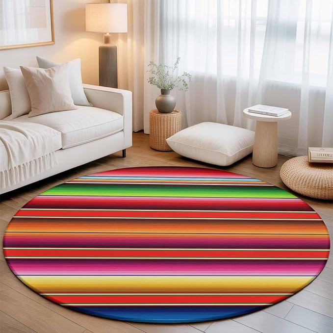 Washable Round Area Rug Mexican Stripes Vintage Boho Circle Rugs Floor Carpet for Living Room Bedroom, Native American Stripe Soft Non Slip Round Rug 5ft