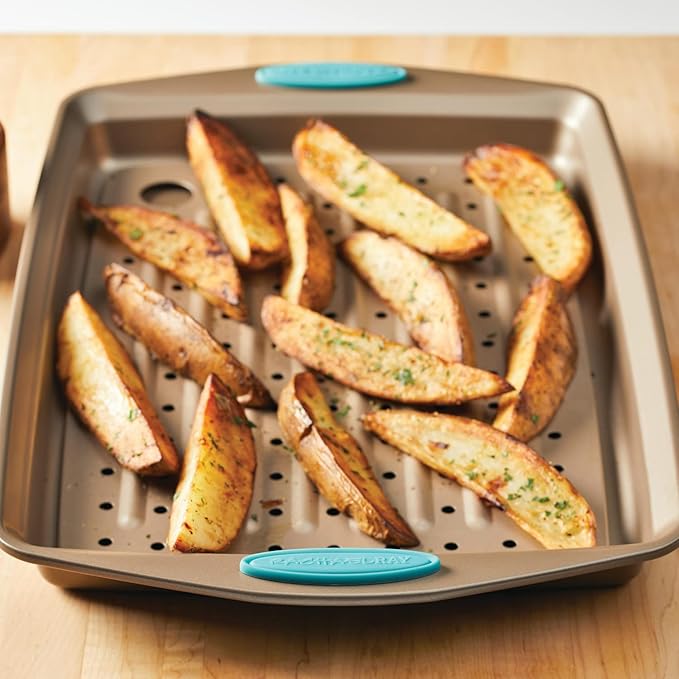 Rachael Ray Cucina Nonstick Bakeware Set with Grips, Nonstick Cookie Sheet / Baking Sheet and Crisper Pan - 2 Piece, Latte Brown with Agave Blue Handle Grips