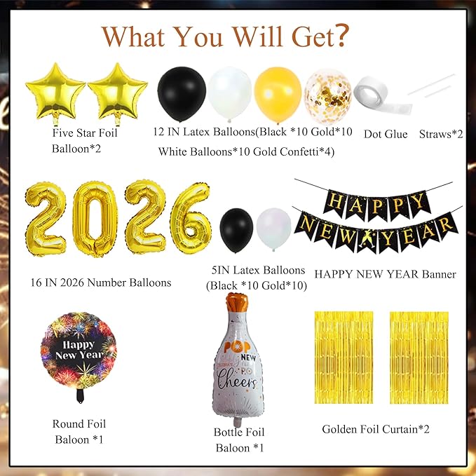 New Year Decorations 2026, Happy New Years Supplies 2026 Balloons Decoration Kit with Balloon Happy New Year Banner Foil Balloons Fringe Curtain for NYE Backdrop Decorations