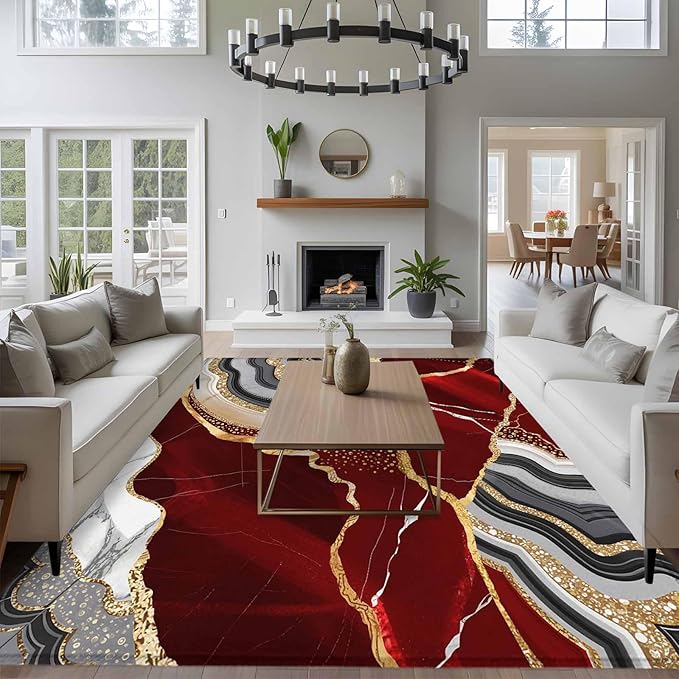 Area Rug 6x9ft, Abstract Flowing Marble Fluid Art Washable Rugs for Living Room Bedroom, Red and Gold Lines Soft Non-Slip Area Rugs Rectangle Floor Carpet for Dining Room