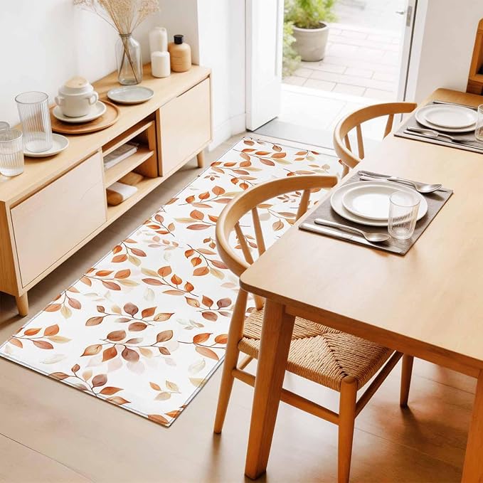 Runner Rug for Bedroom Hallway, Autumn Orange Leaf Botanical Kitchen Runner Rugs Area Rug 2x6ft, Abstract Vine Pattern Washable Soft Floor Carpet for Entryway Stair