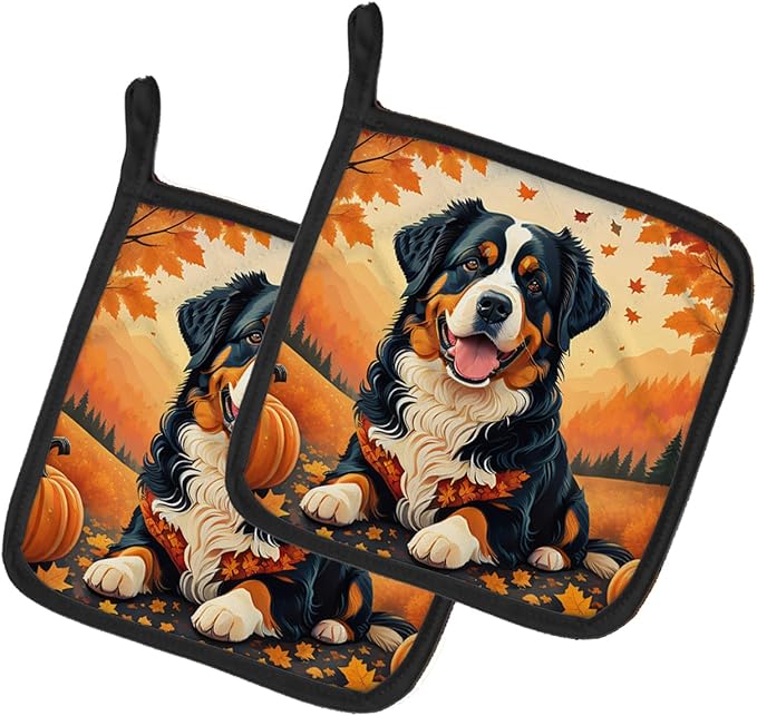 Caroline's Treasures DAC1019PTHD Bernese Mountain Dog Fall Pair of Pot Holders Kitchen Heat Resistant Pot Holders Sets Oven Hot Pads for Cooking Baking BBQ, 7 1/2 x 7 1/2