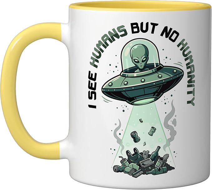 Aliens UFO Extraterrestrial Space Flying Saucer No Humanity Ceramic Mug, Yellow/White