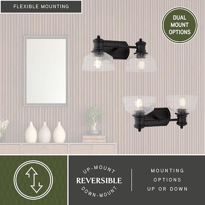 VAXCEL Beloit 2-Light 17 inch Wide Matte Black Farmhouse Bathroom Vanity Lighting Fixture, Clear Seeded Glass Shade, Dimmable, LED Compatible, Over The Mirror Mounted Metal Wall Sconce